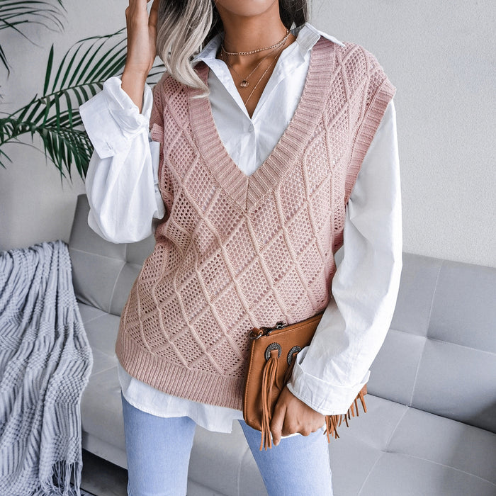 Color-Real shot autumn winter v-neck rhombus Hollow Out Cutout casual knitted sweater vest women clothing-Fancey Boutique