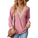 Color-Pink-Autumn Winter Lace V-neck Patchwork Loose Long-Sleeved T-shirt Top Women Clothing-Fancey Boutique