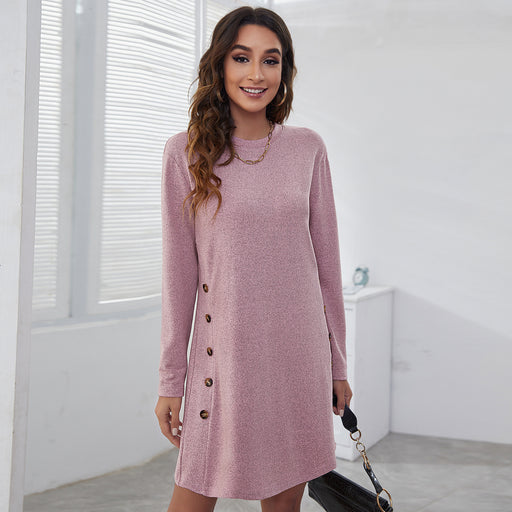 Color-Autumn Winter Round Neck Women Casual Simple Buttons Long Sleeve Dress-Fancey Boutique