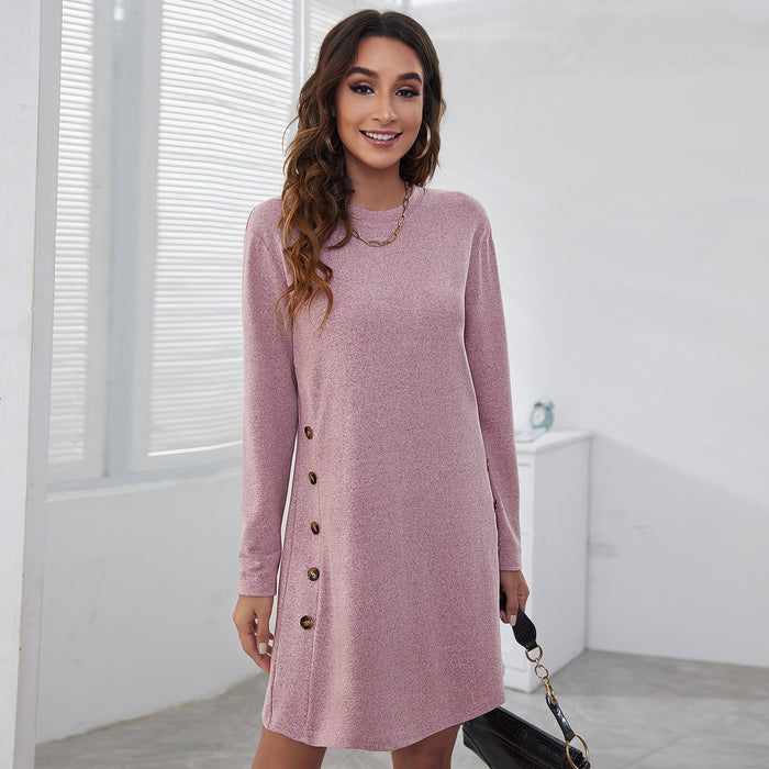 Color-Autumn Winter Round Neck Women Casual Simple Buttons Long Sleeve Dress-Fancey Boutique