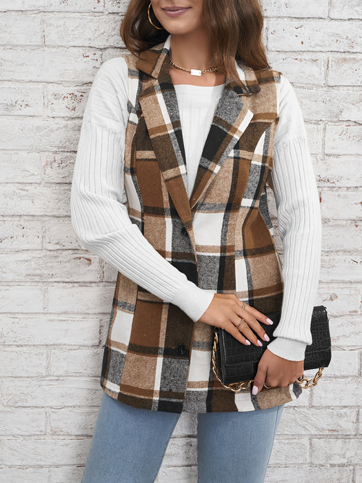 Color-Spring Autumn Winter Women Top Polo Collar Single Breasted Vest Plaid Coat-Fancey Boutique