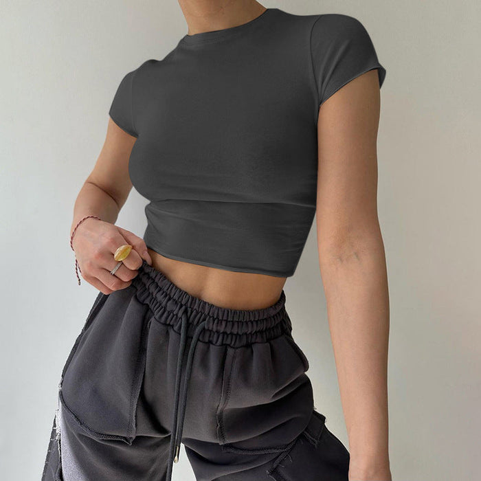 Color-Gray-Basic round Neck Shoulder Short Sleeve T shirt Women Summer All Matching Casual Short Cropped Top-Fancey Boutique