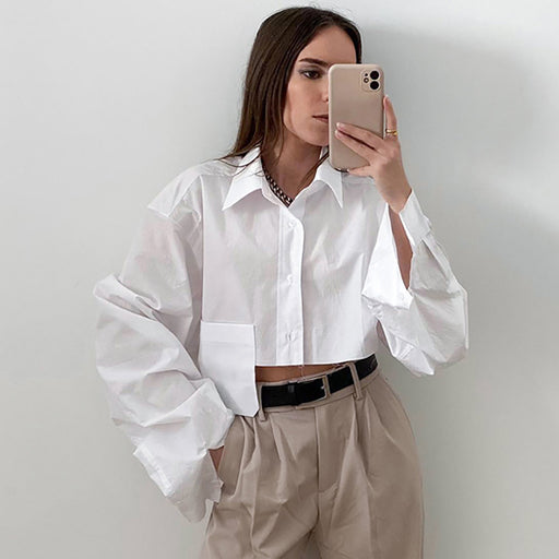 Color-Autumn Cropped Asymmetric Stitching Casual Dignified Sense of Design Short Model in White Color Shirt Women Clothing-Fancey Boutique