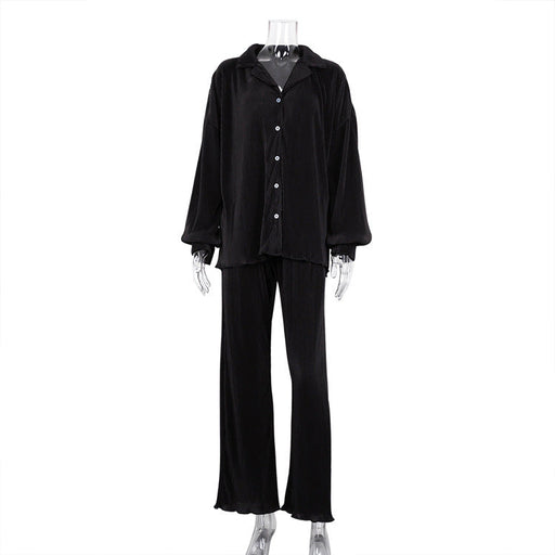 Color-Black-Long Sleeve Collared Pleated Shirt Women Wide Leg Mopping Drape Pleated Trousers Suit-Fancey Boutique