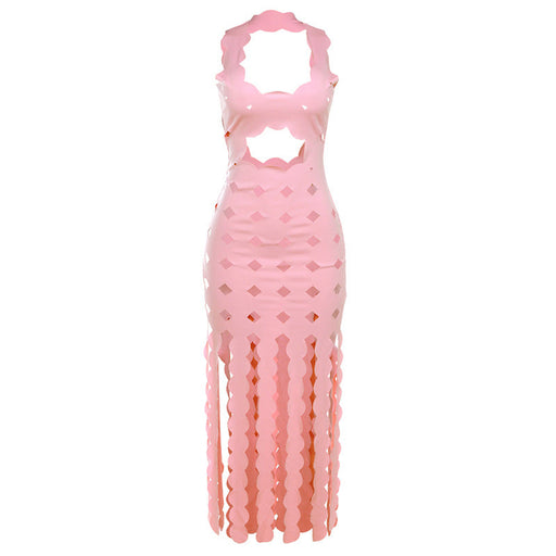 Color-Pink-Summer Women Clothing Sexy Sleeveless Hollow Out Cutout High Waist Slim Slimming Maxi Dress-Fancey Boutique