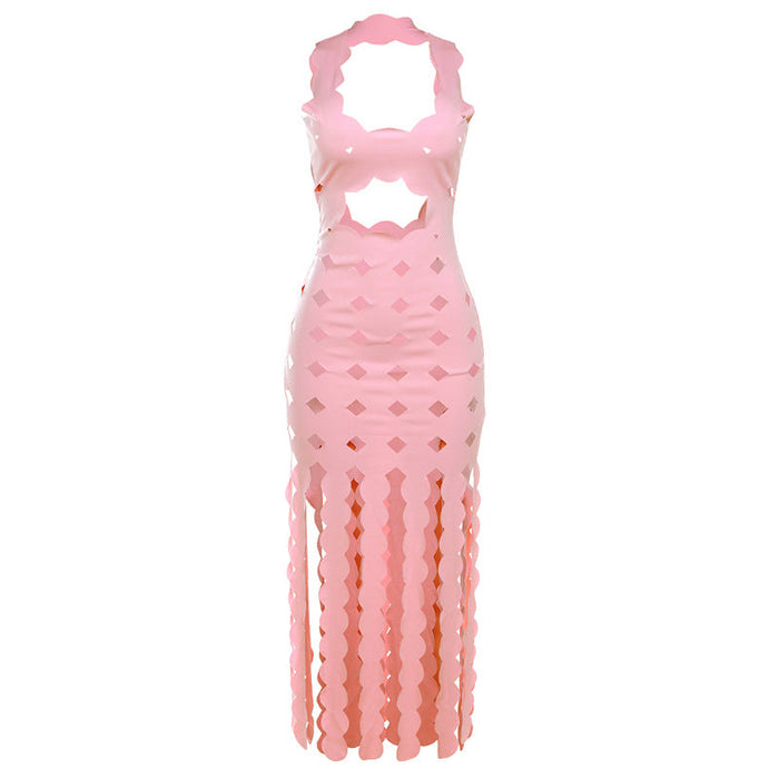 Color-Pink-Summer Women Clothing Sexy Sleeveless Hollow Out Cutout High Waist Slim Slimming Maxi Dress-Fancey Boutique