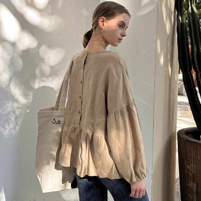 Color-Brown-Fall Linen round Neck Doll Shirt Loose Lantern Sleeve Special Artistic Shirt Women Clothing-Fancey Boutique