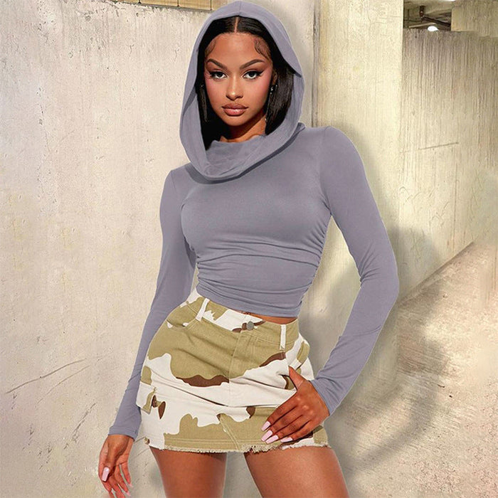 Color-Women Clothing Autumn Solid Color Casual Hooded Long Sleeves Cropped Slim Pleated T shirt Top-Fancey Boutique