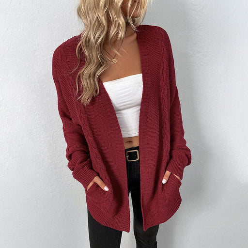 Color-Solid Color Pocket Knitted Cardigan Autumn Winter Retro Twist Sweater Women Coat-Fancey Boutique