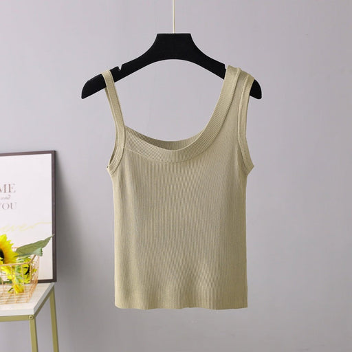 Color-Khaki-Ice Silk Camisole Women Autumn Winter White Inner Wear Outer Wear Knitted Bottoming Sexy Short Top-Fancey Boutique