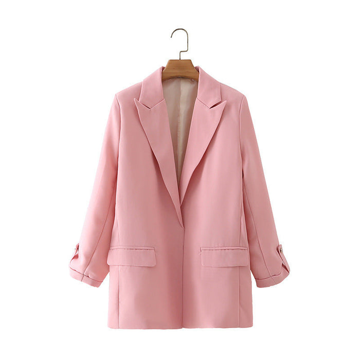 Color-Pink-Women Clothing Autumn Women Collared Long Sleeve Solid Color without Buckle Rolled Sleeve Casual Blazers-Fancey Boutique