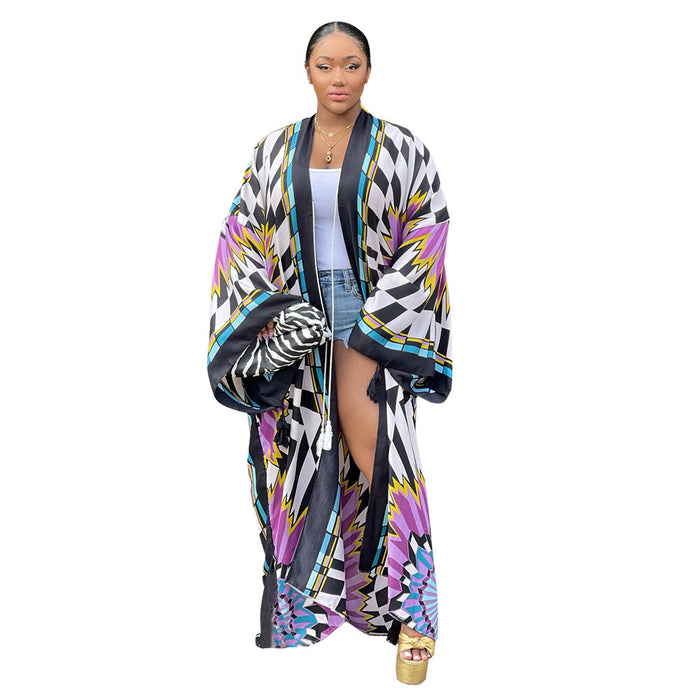 Color-Black and White Purple-Coat Artificial Silk Multi Print Casual Trench Coat-Fancey Boutique