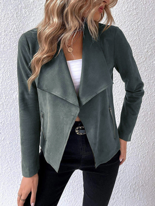 Color-Army Green-Women Fur Coat Collared Long Sleeve Office Zipper Short Women Top-Fancey Boutique