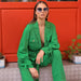 Color-Green Striped Sets Collar Long Sleeve Straight Leg Trousers Lace up Set Autumn Women-Fancey Boutique