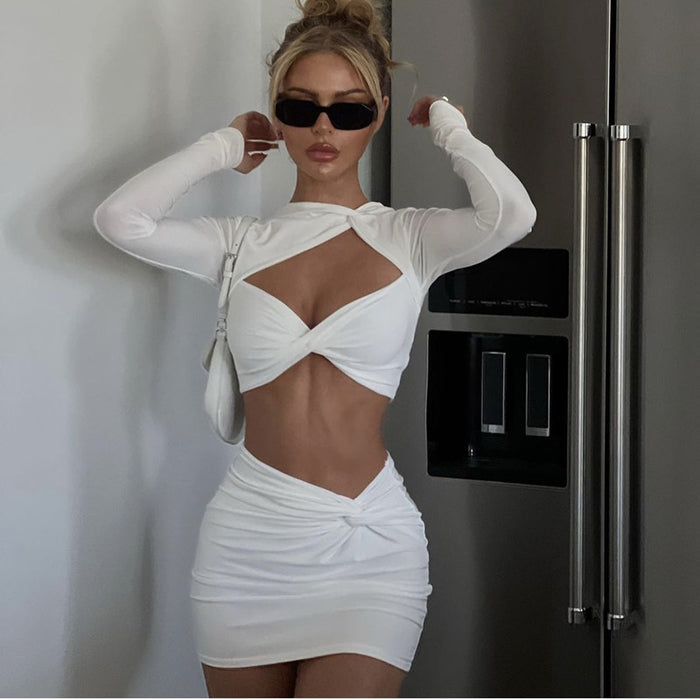 Color-Sexy Kink Long-Sleeve Suit Sexy Wind Deep V Plunge Plunge Cropped Outfit Tight Sheath Short Dress Women Clothing-Fancey Boutique