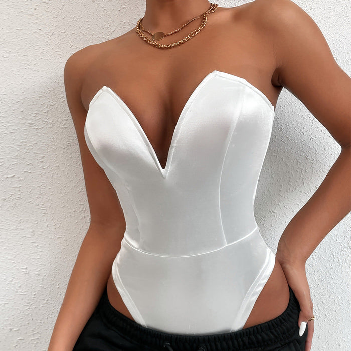 Color-White-Women Tight Bottoming Shirt Slim Fit Figure Flattering Bodysuit Sexy V-neck Tube Top Bodysuit-Fancey Boutique