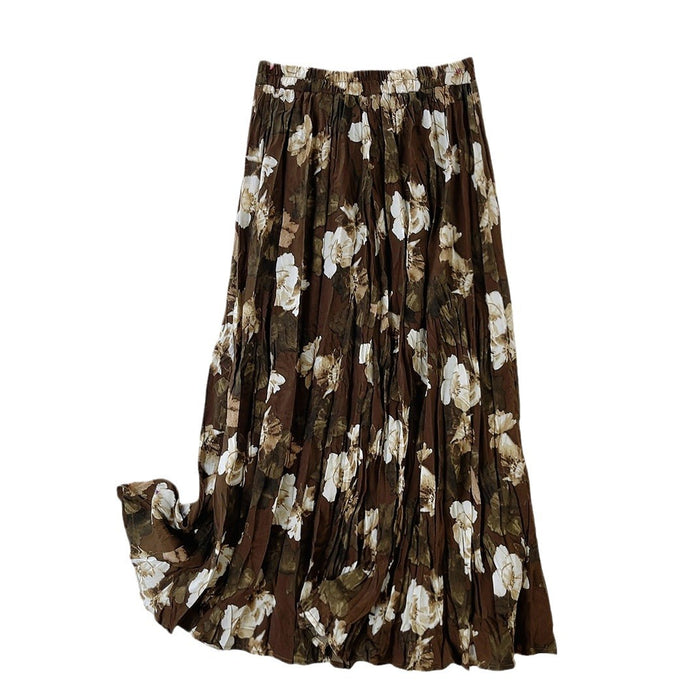 Color-Vintage Floral Pleated Skirt Women Autumn Winter Casual Dress Long Bottoming Large Swing Skirt-Fancey Boutique