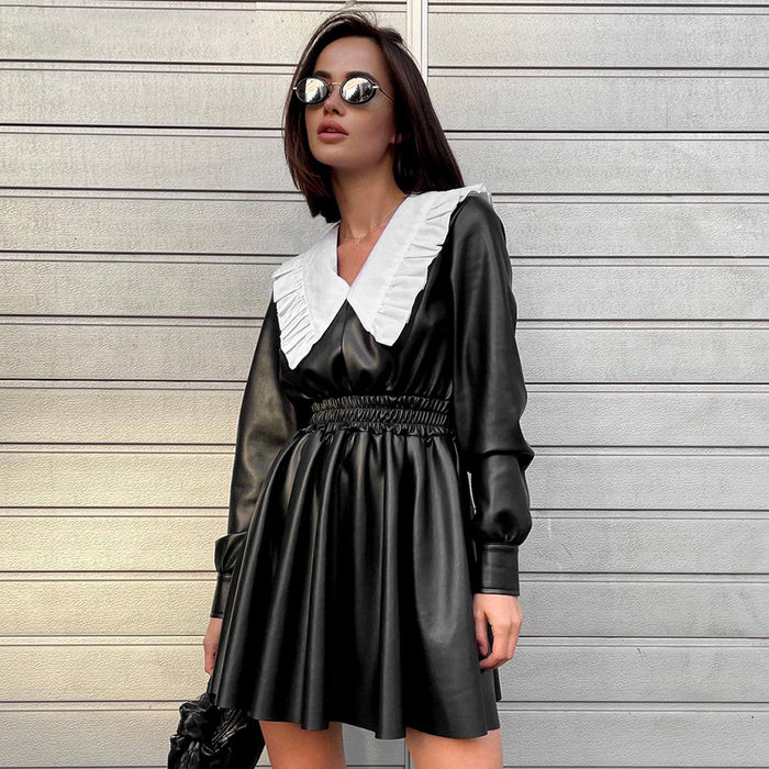 Color-Autumn Winter Faux Leather Dress Doll Collar Fitted Waist High Waist Long Sleeve Black Punk Street Women-Fancey Boutique
