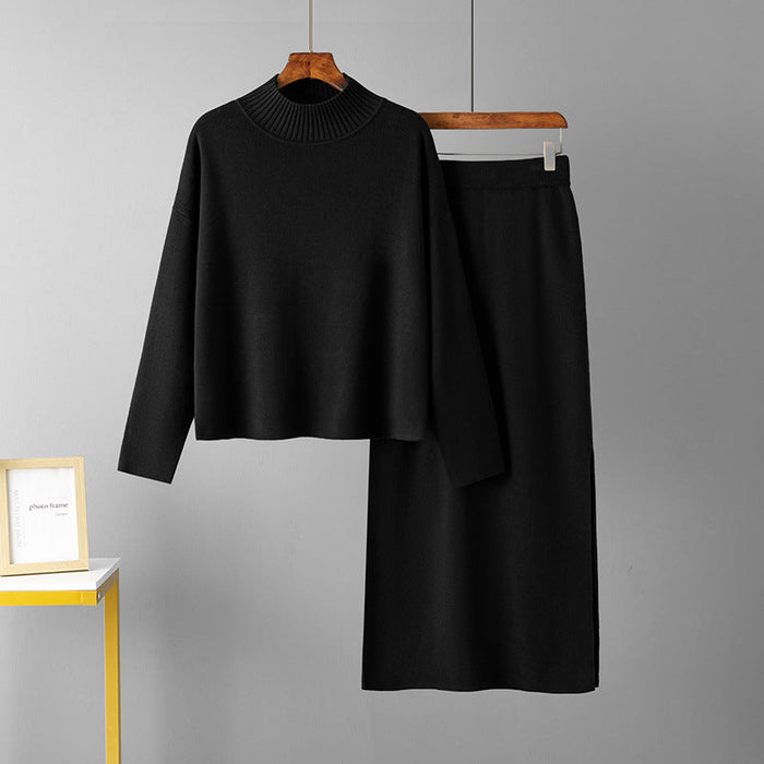 Color-Black-Women Clothing Autumn Casual Loose Long Skirt Two Piece Suit Sweater-Fancey Boutique