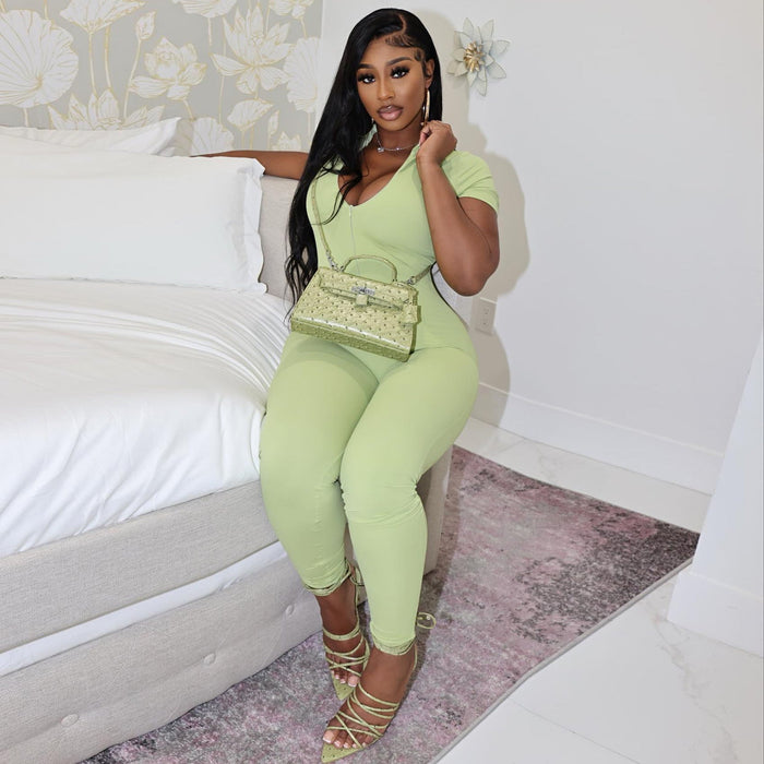 Color-Light Green-Sexy Women Wear Tight Jumpsuit Spring Summer Slim Fit Trousers Zipper Jumpsuit-Fancey Boutique