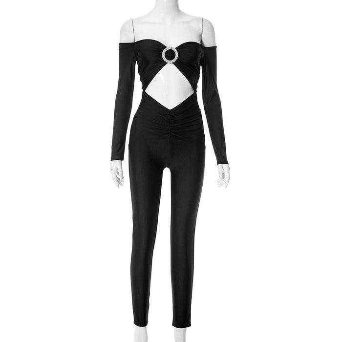 Color-Black-Women Clothing Long Sleeve off Shoulder Hollow Out Cutout Slim Fit Sexy Jumpsuit-Fancey Boutique
