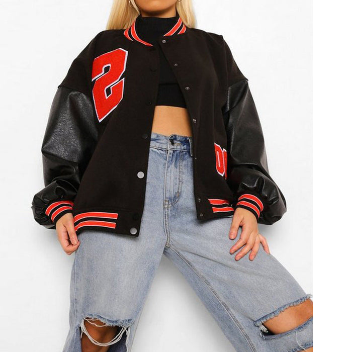Color-Black and Red 2-Women Clothing Varsity Jacket Women Autumn Winter Hip Hop Fleece Padded Jacket-Fancey Boutique