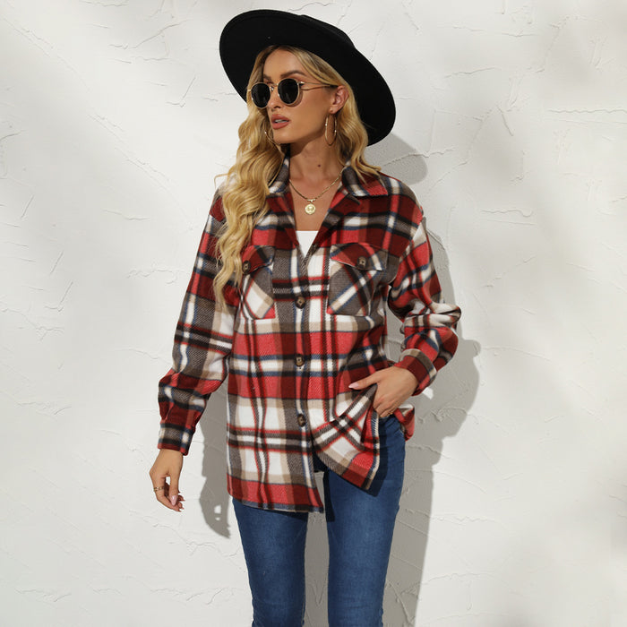Color-Autumn Winter Women Clothing Collared Plaid Color Matching Single Breasted Woolen Casual Coat for Women-Fancey Boutique