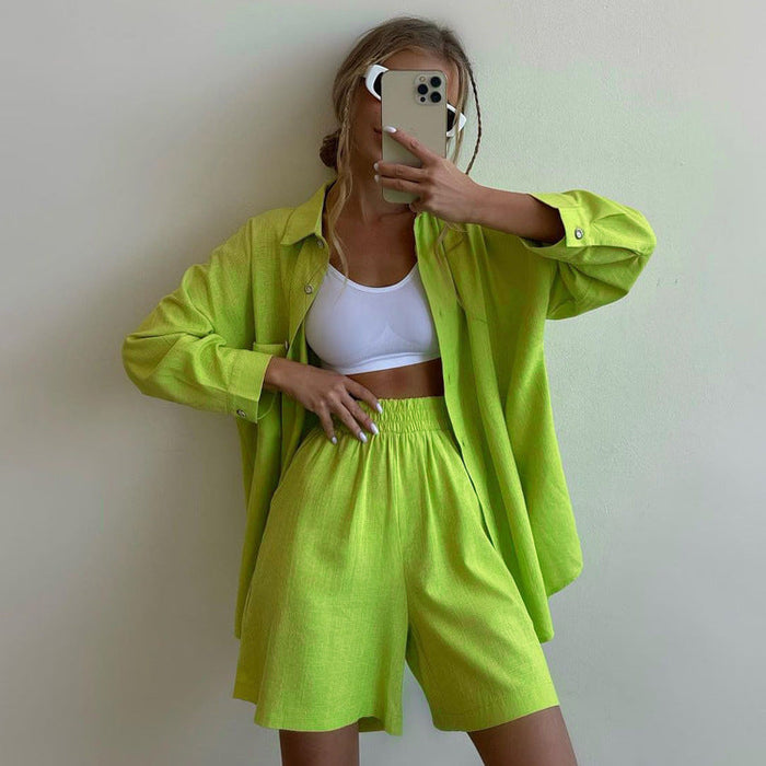 Color-Spring Summer Two Piece Set Solid Color Single Breasted Long Sleeve Collared Shirt Shorts Loose Casual Set-Fancey Boutique