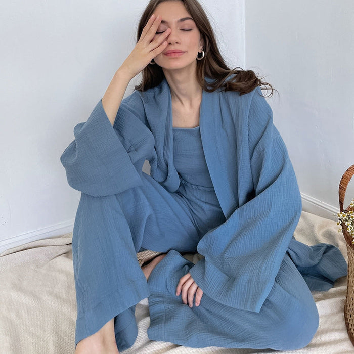 Color-Fall French Loose Nightgown Trousers Double Layer Gauze Women Pajamas Solid Color Cotton Absorbent Moisture Wicking Clothing-Fancey Boutique