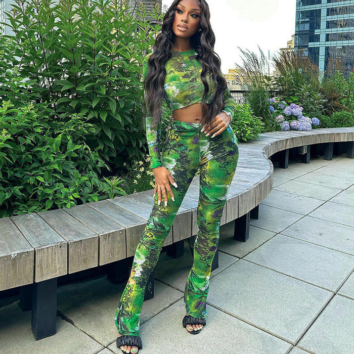 Color-Printed Two Piece sets Autumn round Neck Long Sleeve Bell Bottom Pants Tight Casual sets for Women-Fancey Boutique