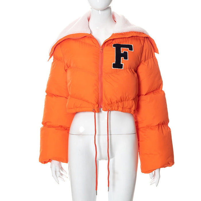 Color-Orange-Winter Solid Color Letter Graphic Fur Collar Zipper Drawstring Women Clothing Casual Cotton Padded Jacket Top-Fancey Boutique