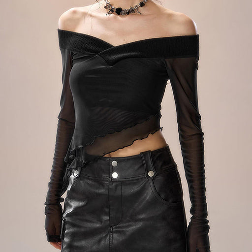 Color-Sexy Irregular Asymmetric Design off Neck Long Sleeve Mesh Patchwork Top Women Spring Summer-Fancey Boutique