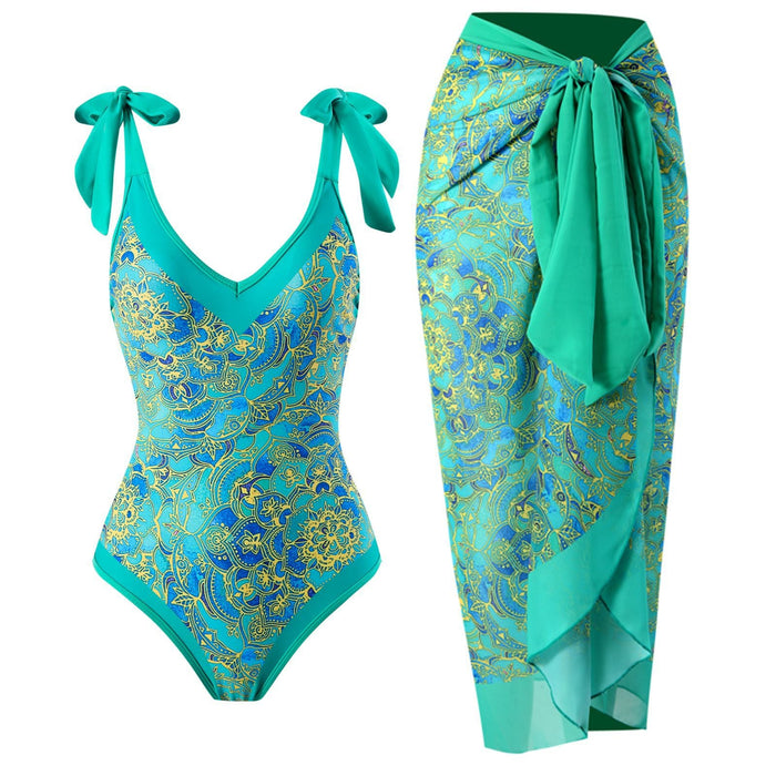 Color-Green Flower Suit-Women Sexy One Piece Swimsuit Women Skinny Slimming Retro Tied Swimsuit Suit Chiffon Dress-Fancey Boutique
