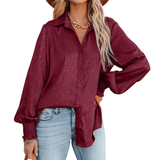 Color-Burgundy-Women Clothing Zebra Pattern Collared Breasted Loose Top Lantern Long Sleeve Shirt for Women-Fancey Boutique