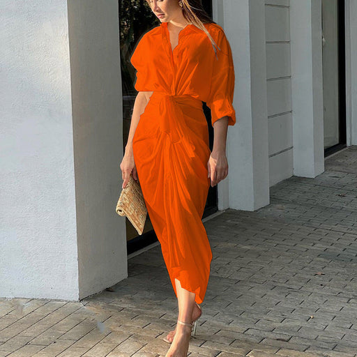 Color-Orange-Women Clothing Summer Solid Color Sexy MiuMiu Bag Arm Cardigan Shirt Dress-Fancey Boutique