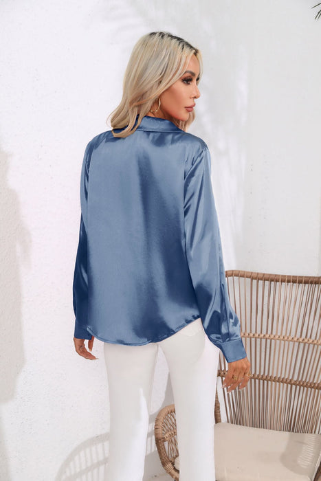 Color-Blue-Collar Satin Shirt Women Satin Artificial Silk Long Sleeve Shirt Women Clothing-Fancey Boutique