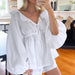 Color-Cotton Linen White Lantern Sleeve V neck Top Shorts Summer Women Clothing Two Piece Set-Fancey Boutique