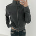 Color-Zipper Letter Graphic Slim Knit Jacket Collared Retro Distressed Pocket Stitching Autumn Coat-Fancey Boutique