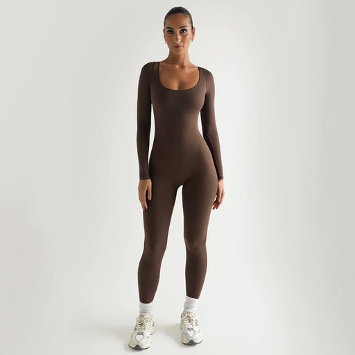 Color-Sexy Soft High Elastic Long Sleeve Tights U Collar Stitching Trousers Jumpsuit-Fancey Boutique