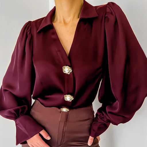 Color-Burgundy-Autumn Special Interest Design Lantern Sleeve Casual Loose Satin Women Shirt-Fancey Boutique