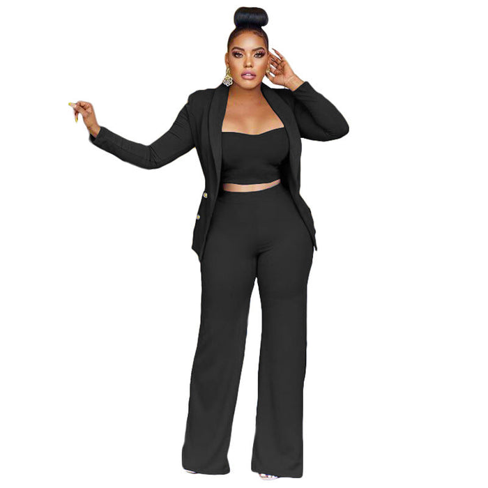 Color-Black-Autumn Winter Blazer Vest Wide Leg Pants Three Piece Suit-Fancey Boutique