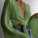 Color-Green-Sexy Flare Sleeve Pleated Solid Color Long Sleeve Shirt Top Women-Fancey Boutique