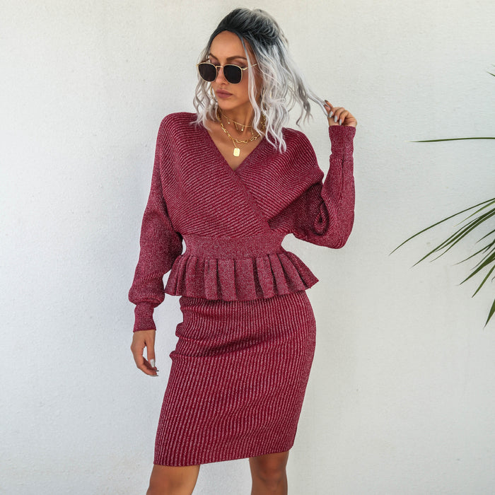Color-Women Clothing Autumn Winter Casual Ruffled Knitted Sweater Dress Two Piece Set-Fancey Boutique