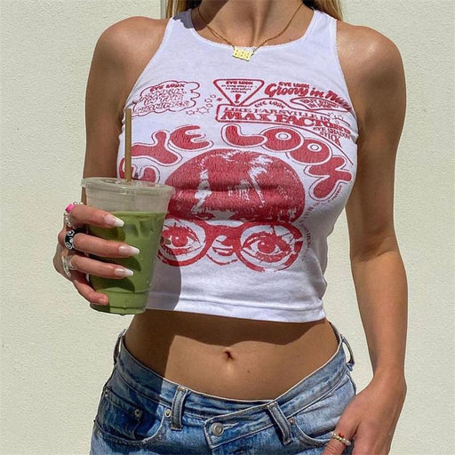 Color-Red-Women Summer Sleeveless Portrait Printing Short Casual round Neck Slim Fit Shaped Vest-Fancey Boutique