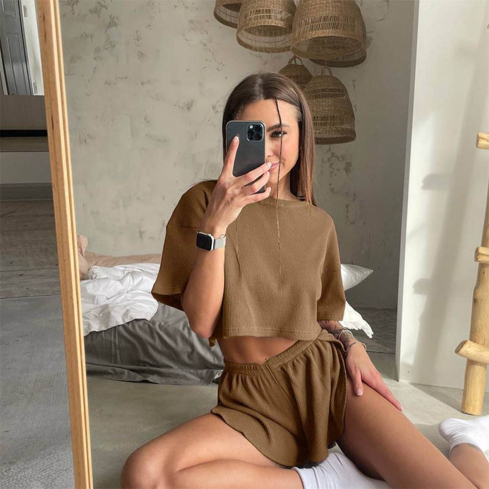 Color-Summer Waffle Casual Suit Women Short T shirt round Neck Short Sleeve Top Shorts Sexy Two Piece Suit Women-Fancey Boutique