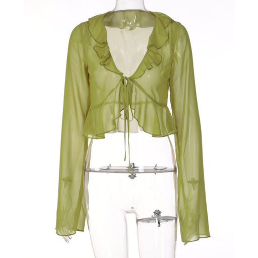 Color-Green-Stringy Selvedge Lace-up Deep V Plunge Plunge neck Long Sleeve Transparent Top Female-Fancey Boutique