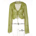 Color-Green-Stringy Selvedge Lace-up Deep V Plunge Plunge neck Long Sleeve Transparent Top Female-Fancey Boutique