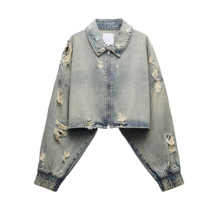 Color-Blue-Autumn Women Collared Worn Looking Washed out Perforated Hole Decoration Denim Short Jacket-Fancey Boutique