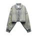 Color-Blue-Autumn Women Collared Worn Looking Washed out Perforated Hole Decoration Denim Short Jacket-Fancey Boutique