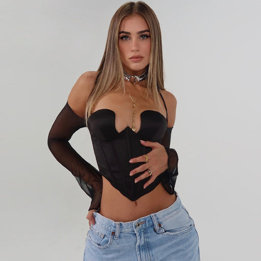 Color-Black-Women Low Cut Sexy V neck Sexy Mesh Oversleeve Sling Small Tank Top-Fancey Boutique